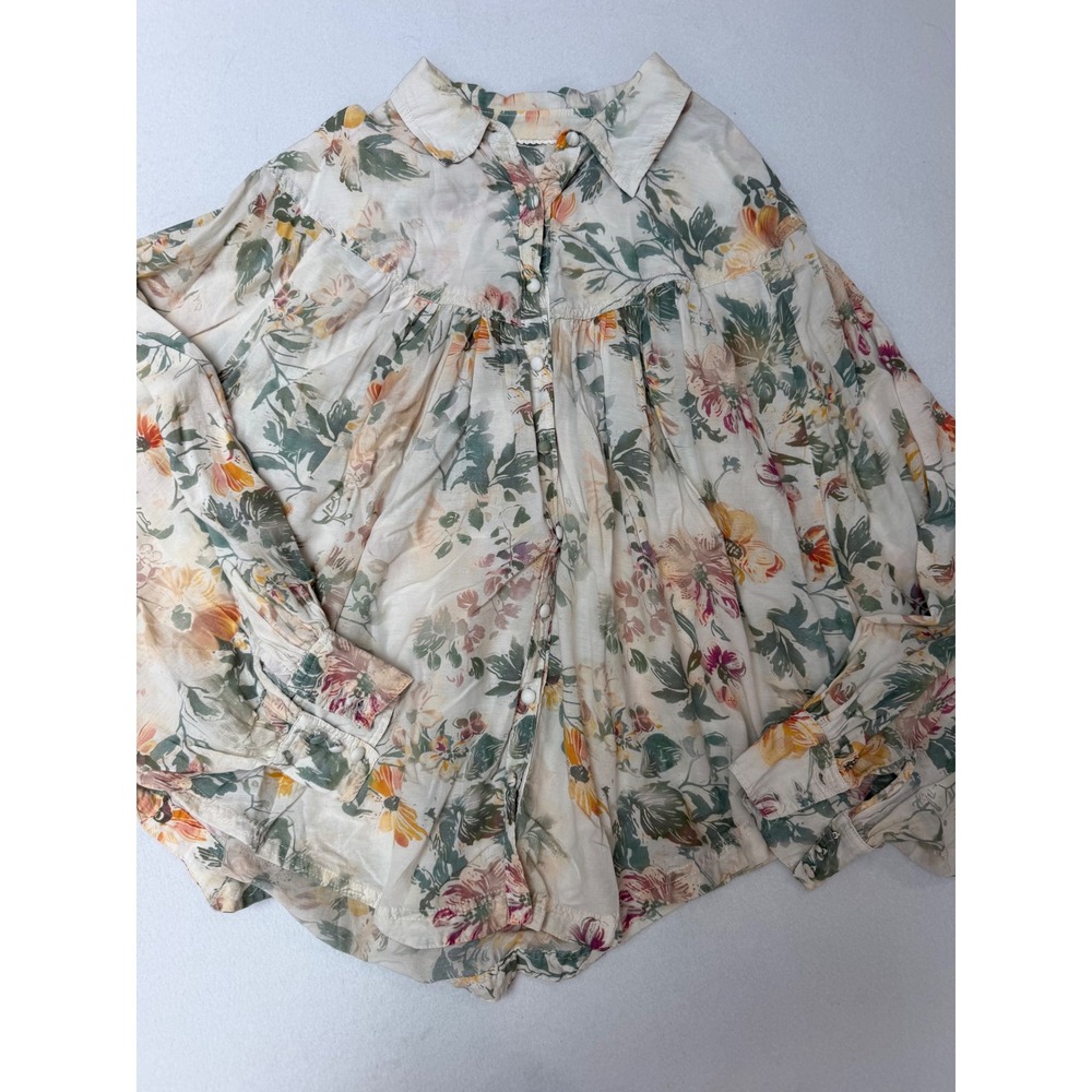Pilcro Floral Button Down Blouse Women Medium Cream Green Boho Cotton Viscose